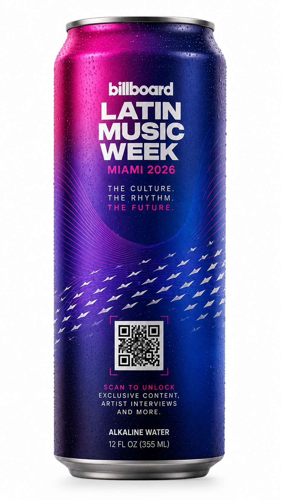 Back of the Billboard Latin Music Week can showing the unlock QR code