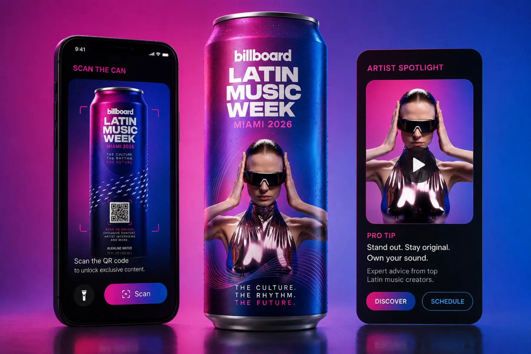 Phone mockups showing the scan flow and artist spotlight next to the can