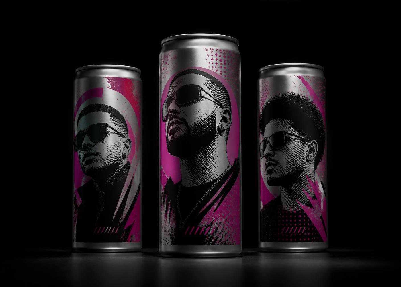 Three collector edition cans with halftone artist portraits under a spotlight