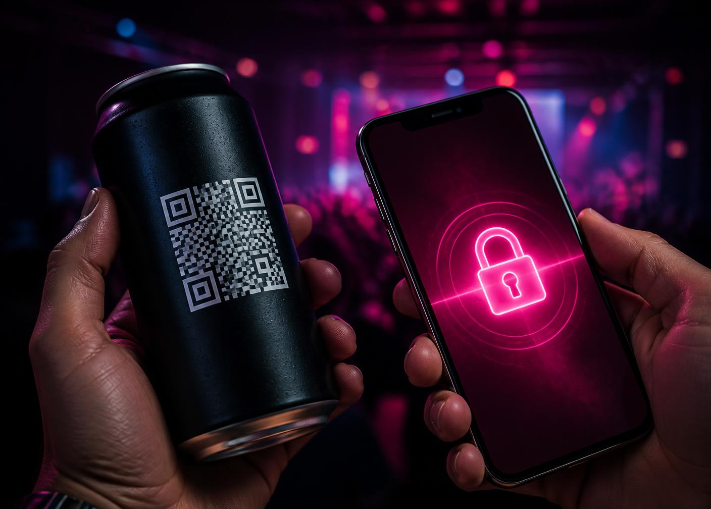 Hand holding a black can with a QR code beside a phone unlocking content